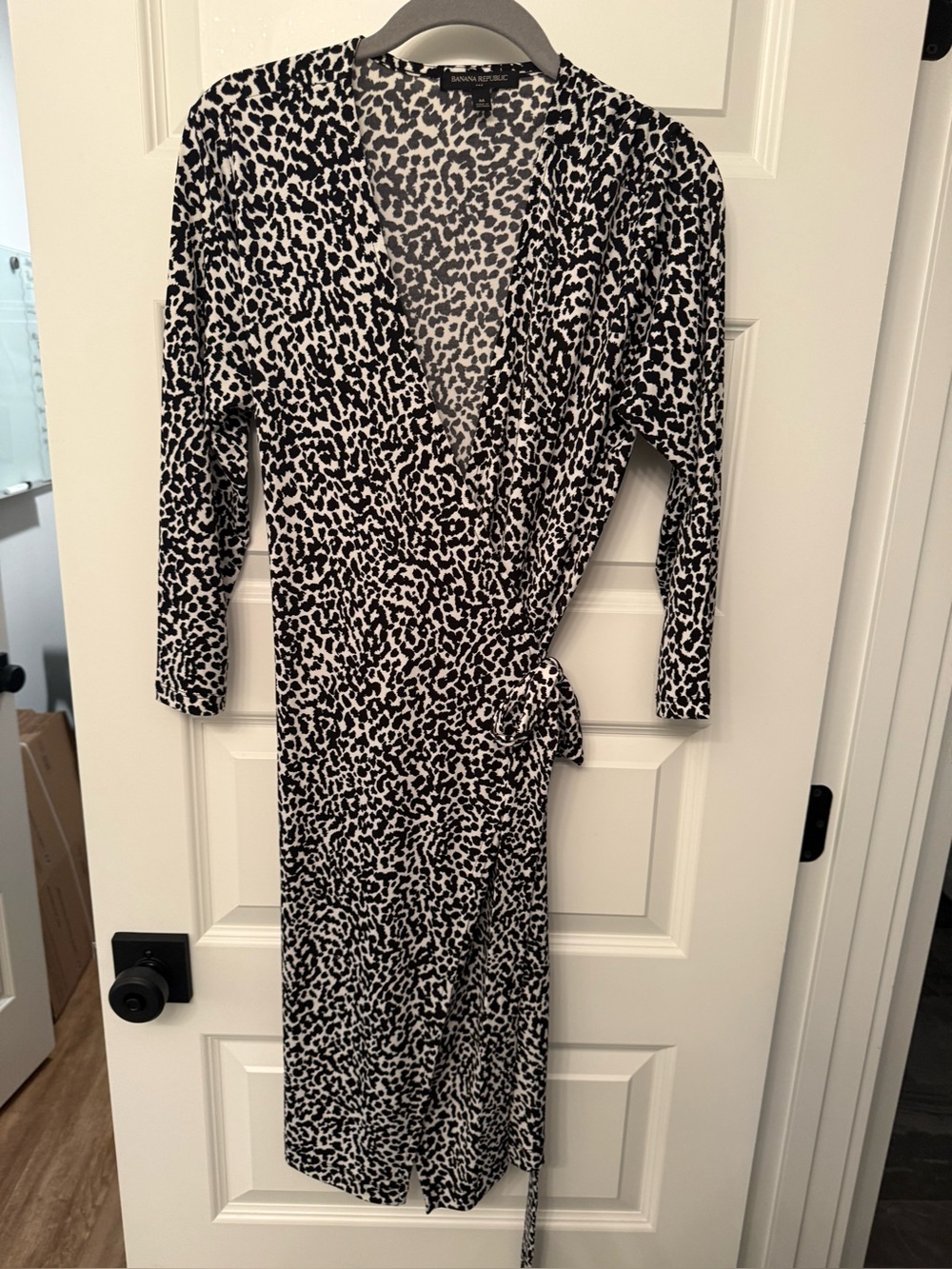 Banana Republic Black and White Leopard Midi Wrap Dress
